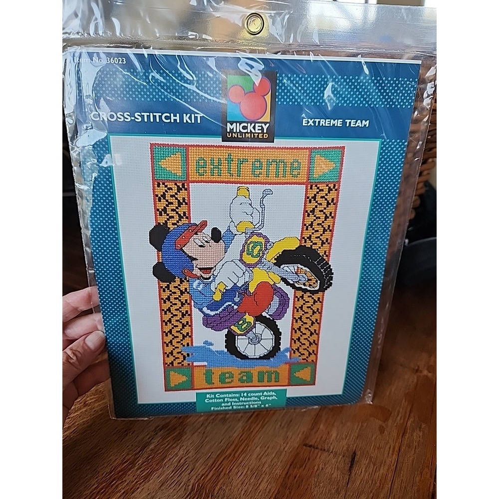 NOS Disney Mickey Mouse Unlimited Counted Cross Stitch Kit Motorcycle Motocross‎